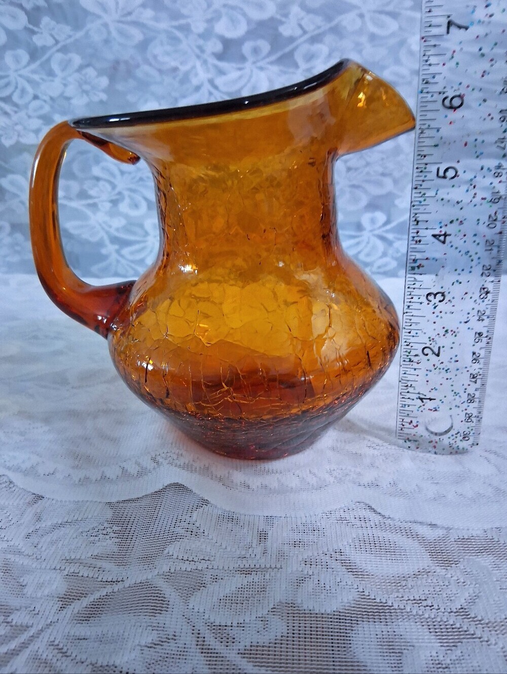 Vintage Mid-Century Amber Art Glass Pitcher Crackle Finish Medium Size MCM - Picture 3 of 16